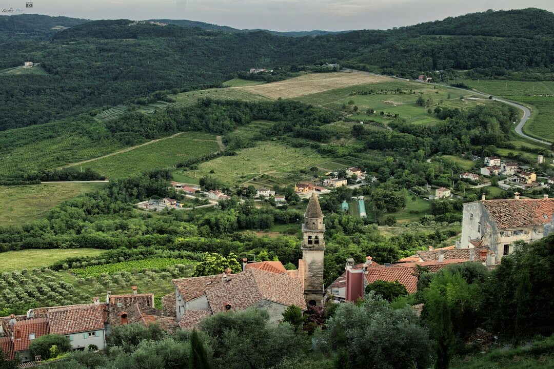 Aerial view of green Istrian hills and a small hilltop village in Croatia